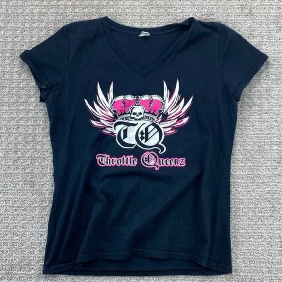 Throttle QUEENZ Shirt Women Medium M Black Graphic T-Shirt Casual Ladies Skull - Picture 1 of 8